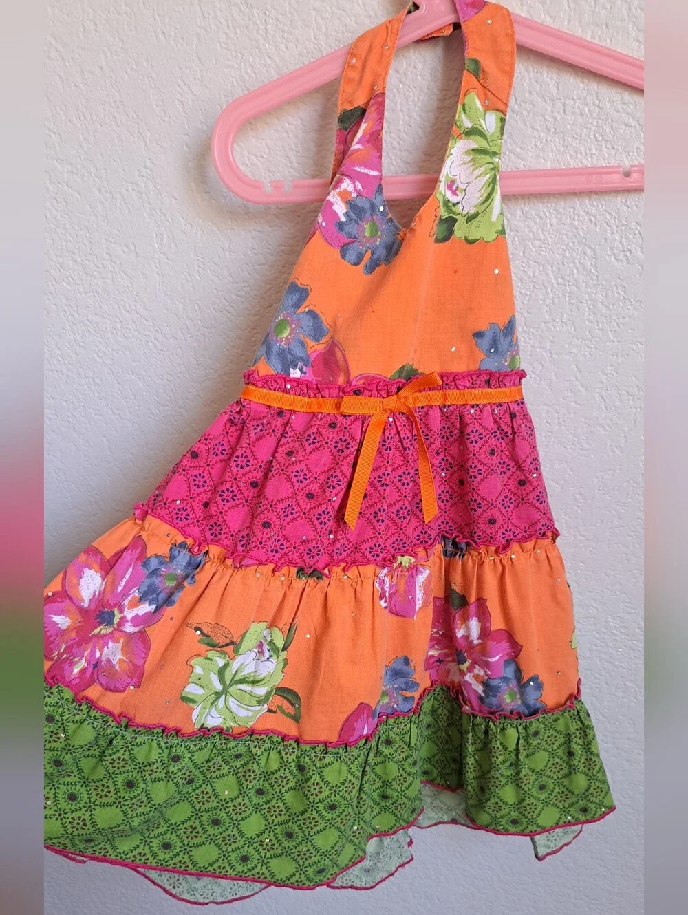 Blueberi Bloulevard Girls Orange Pink Floral Halter Dress Size 4
